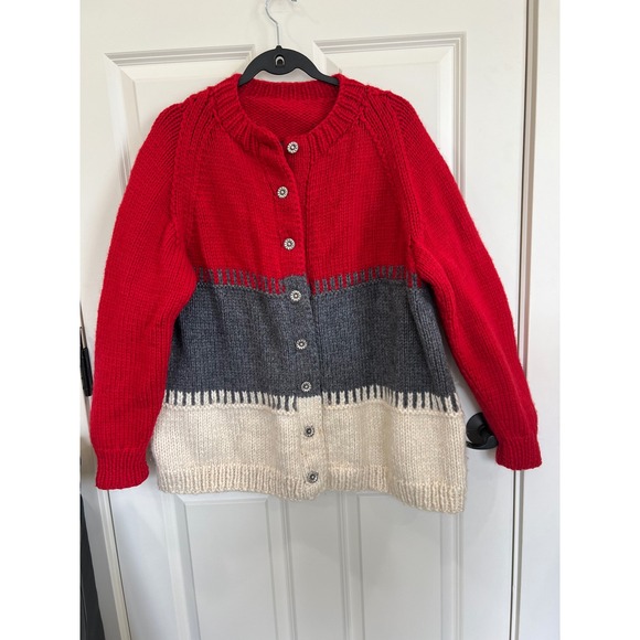 Sweaters - Vintage HandKnit Chunky Colorblock Button Down Cardigan Sweater Red Gray XL